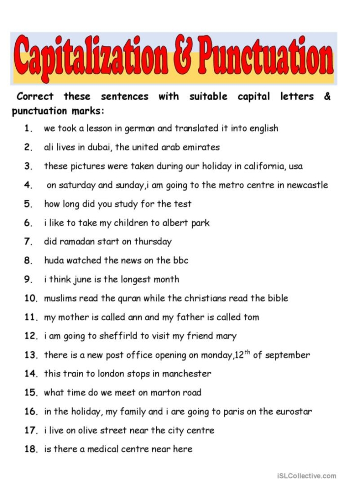 Fourth grade math puzzle worksheet on capitalizing and punctuating titles with examples