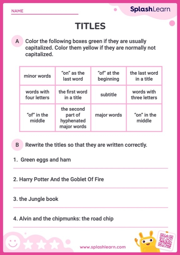 Fourth grade math puzzle worksheet focused on capitalizing and punctuating titles and headings