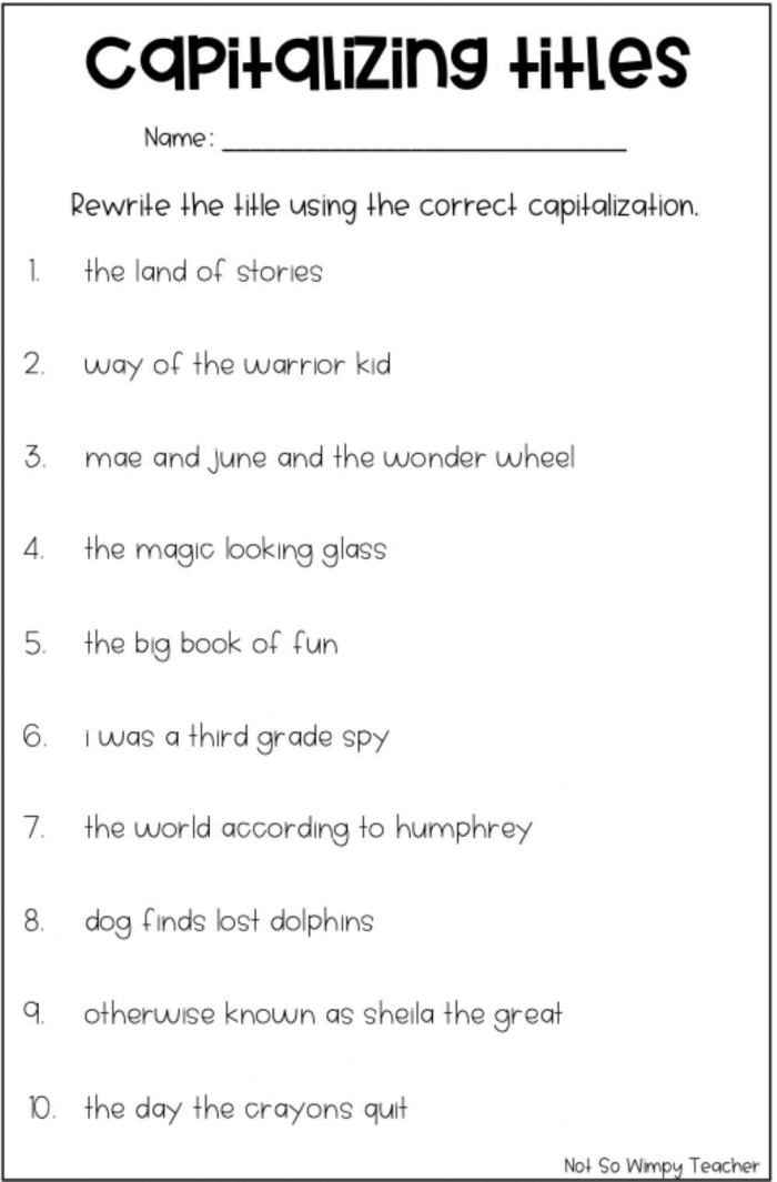 Fourth grade math puzzle worksheet focusing on capitalizing and punctuating titles and headings