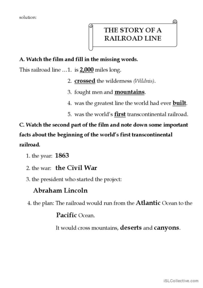 Transcontinental Railroad History Educational Worksheet for Elementary Students Fourth grade students learn about the historic Transcontinental Railroad that connected the east and west coasts of America during the Wild West era