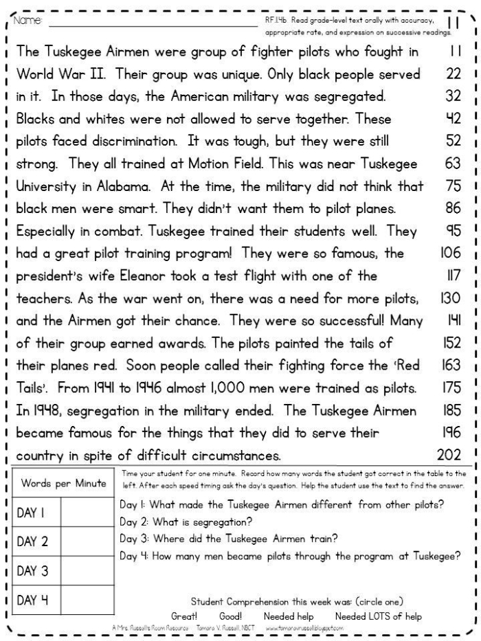 Fourth grade student reading a Tuskegee Airmen history worksheet to improve comprehension