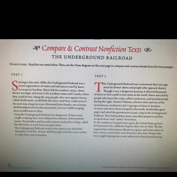 Worksheet for comparing and contrasting informational texts on The Underground Railroad in grade 4 Fourth grade worksheet comparing two nonfiction texts about The Underground Railroad with a Venn diagram