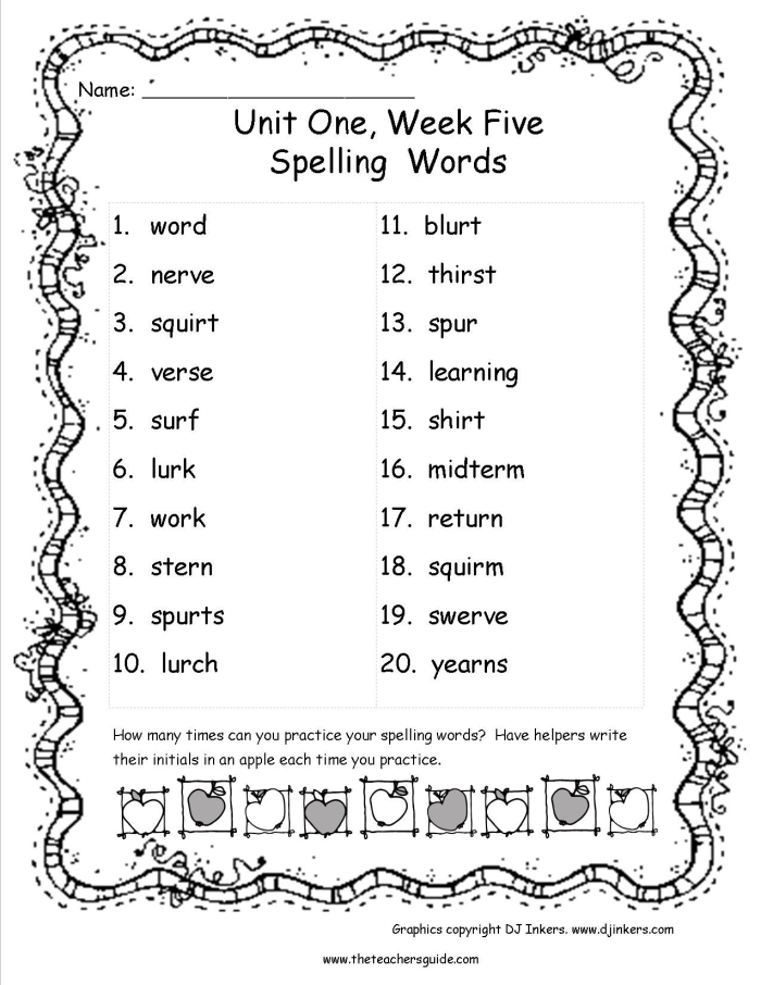 Fourth Grade spelling and vocabulary worksheet with phonics and grammar exercises