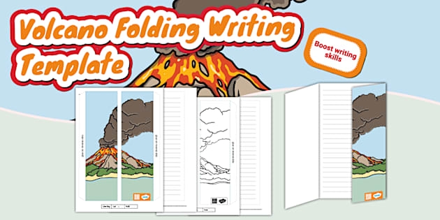 Volcano Writing Scene Story Starter for Fourth Grade Composition Practice A fourth grade student writing a creative story about a volcano eruption with mountains and lava in the background
