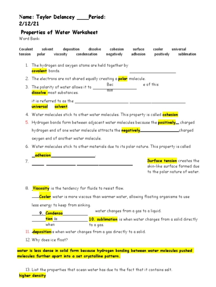 Writing worksheet for Fourth Grade Worksheet focusing on the physical properties of water for fourth graders, covering topics like specific heat and kinetic energy. Engaging and educational resource for young learners exploring water's characteristics.