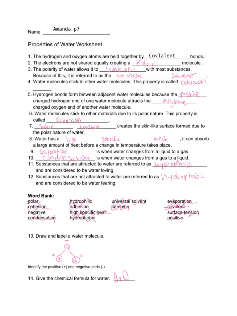 Educational resource highlighting specific heat and kinetic energy concepts in water Worksheet illustrating the physical properties of water for fourth graders
