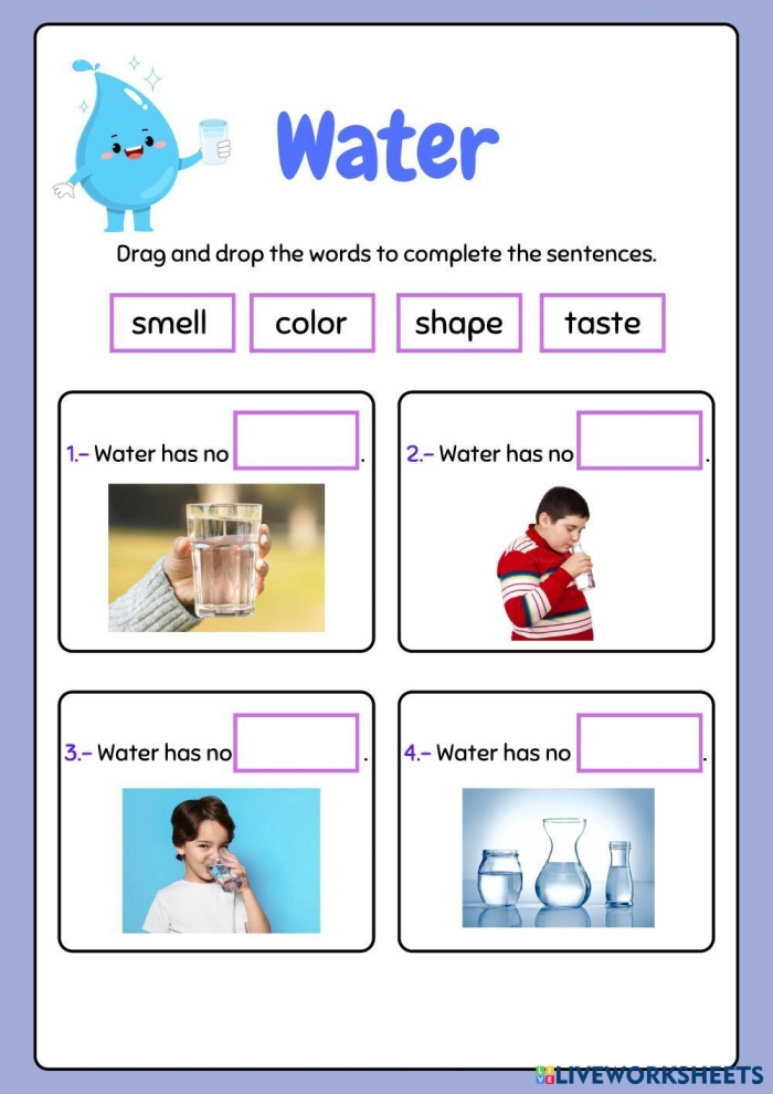 Writing worksheet for Fourth Grade Worksheet on the physical properties of water for fourth graders, focusing on specific heat and kinetic energy. Educational resource for teaching kids about water's characteristics.