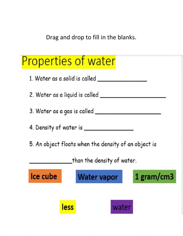 Worksheet on water's specific heat, kinetic energy, and related concepts Educational worksheet on the physical properties of water for fourth graders