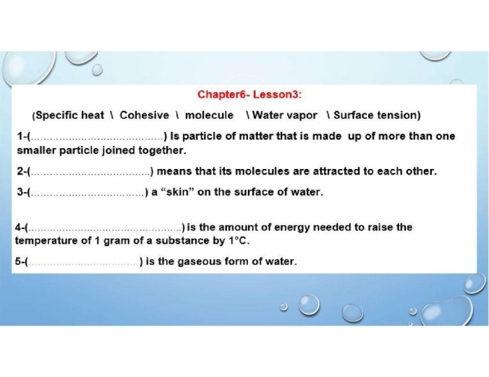 Educational resource on water's specific heat and kinetic energy concepts Worksheet exploring the physical properties of water for fourth graders