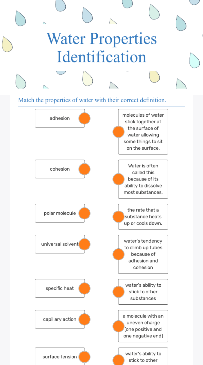Educational resource focusing on specific heat and kinetic energy of water Worksheet on the physical properties of water for fourth-grade students