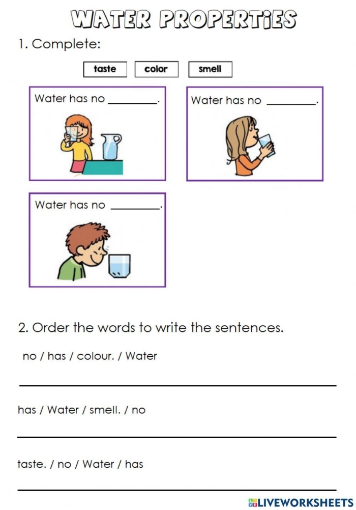 Writing worksheet for Fourth Grade Worksheet on the physical properties of water, including specific heat and kinetic energy concepts. Educational resource for fourth-grade science learning.