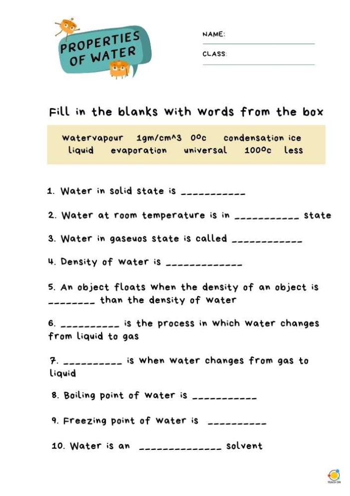 Writing worksheet for Fourth Grade Worksheet focusing on the physical properties of water for fourth graders, including specific heat and kinetic energy. Educational resource image for a Physical Properties of Water worksheet.