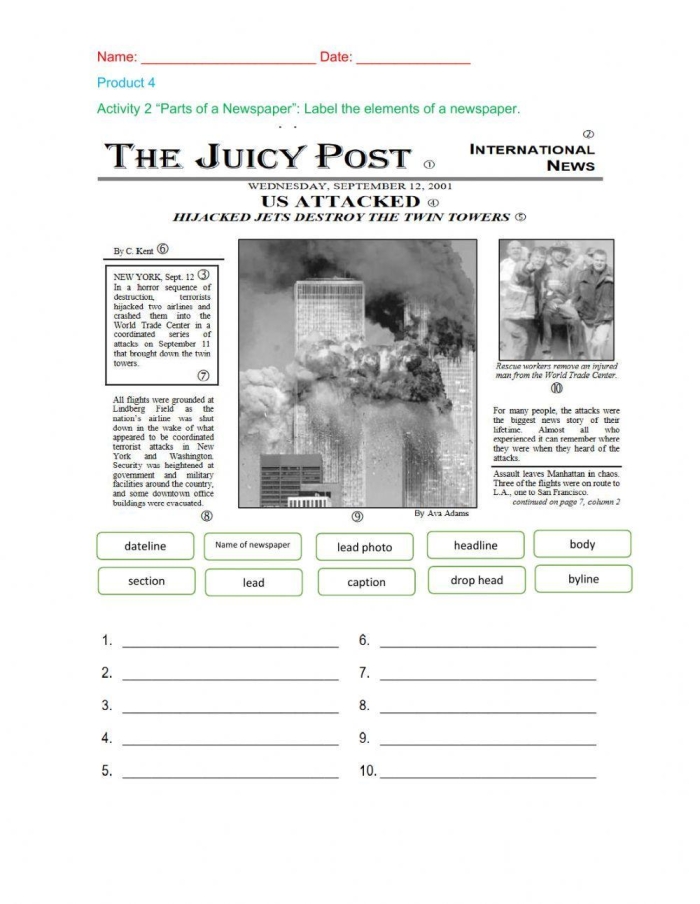 Fourth grade student completing a newspaper article template worksheet for reading class