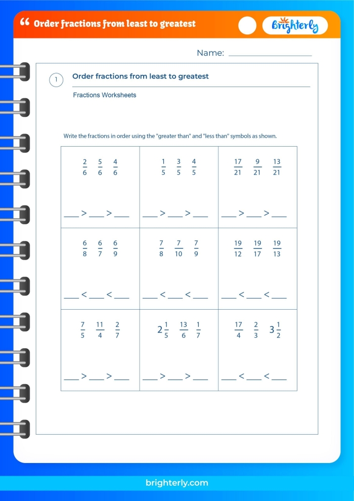 Fourth grade worksheet showing students comparing fractions with different denominators to find the least and greatest