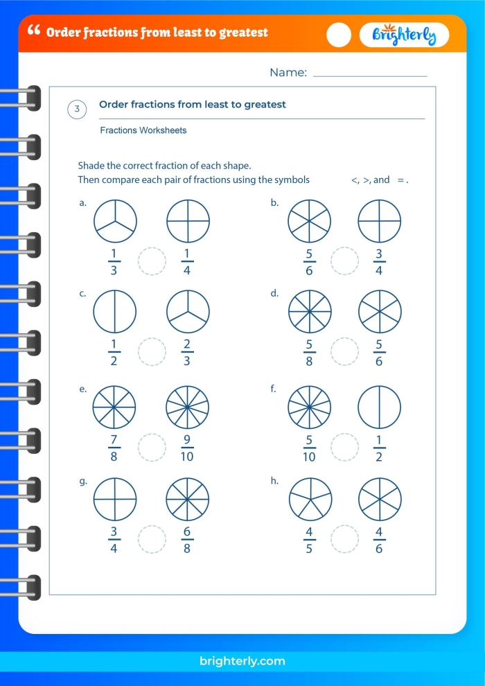 Fourth grade worksheet showing students comparing fractions to find the smallest and largest values