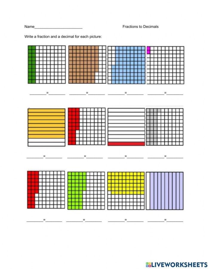 Blank models worksheet for practicing fractions and decimals in fourth grade
