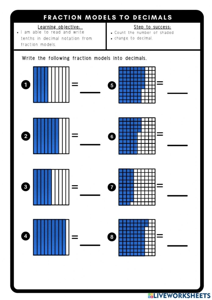 Blank models worksheet showing fractions and decimals for fourth grade math practice