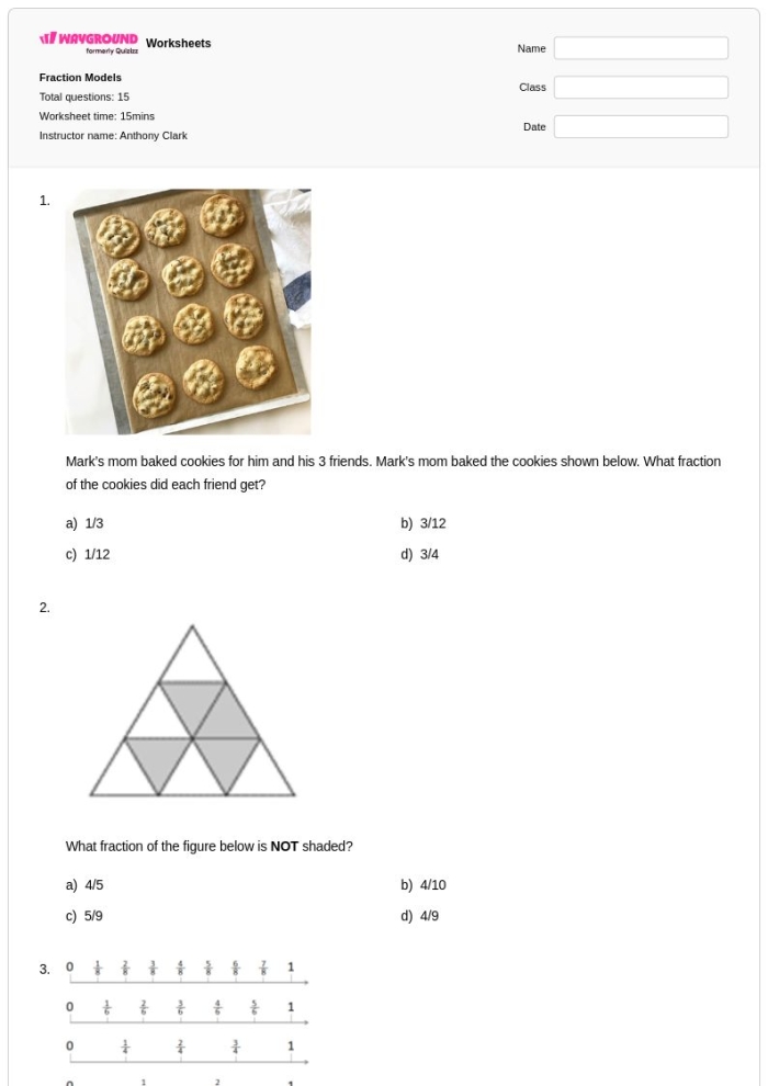 Blank template showing fraction and decimal models for fourth grade math practice