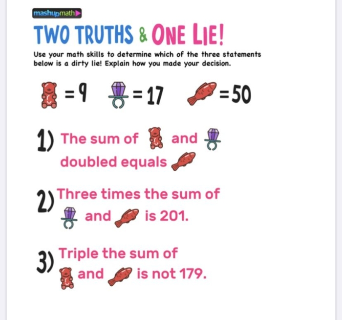 Fifth grade fractions Two Truths and One Lie activity worksheet number 16 Fall-themed Two Truths and One Lie worksheet with fraction equations for fifth graders