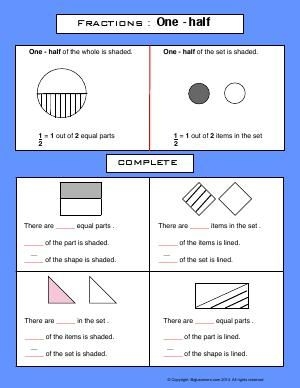 Worksheet illustrating the concept of one-half for first graders learning fractions