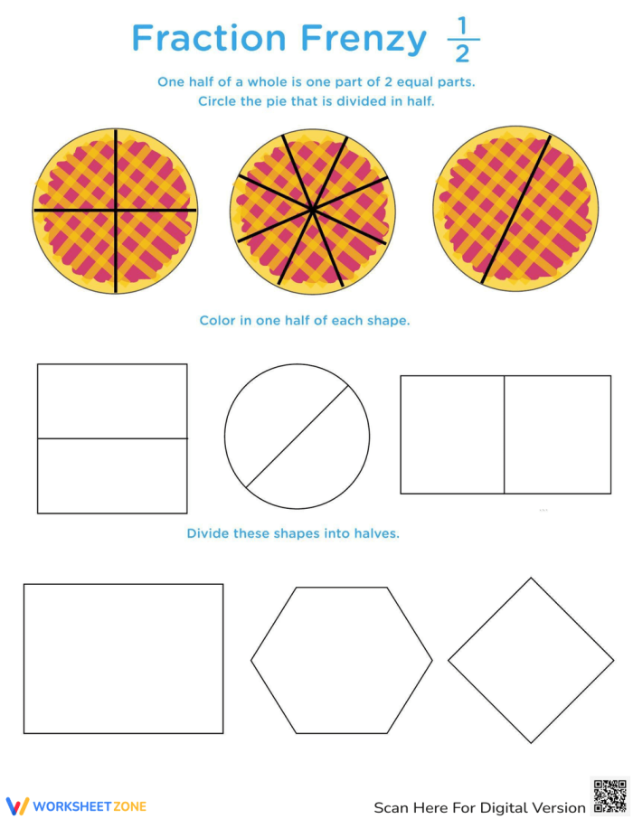Worksheet for teaching first graders about one-half fractions