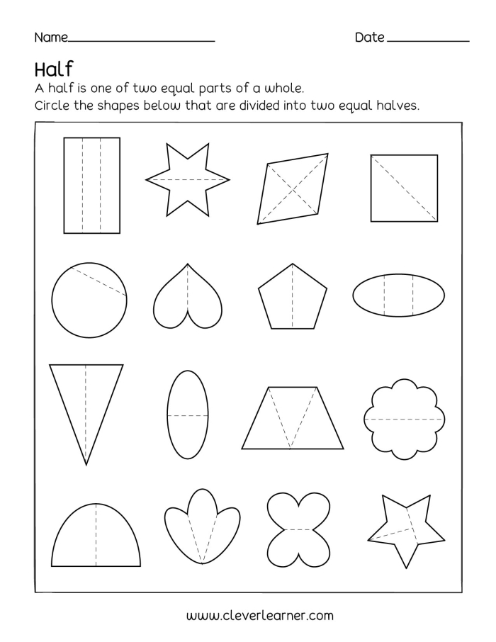 Worksheet illustrating the concept of one-half for first graders in a fun way