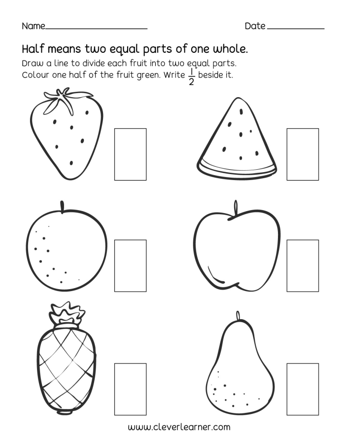 Fraction Frenzy worksheet focusing on the concept of one-half for first graders