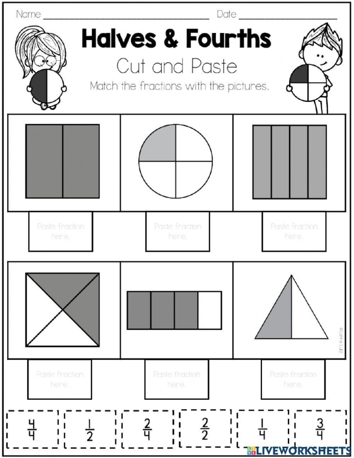 Colorful worksheet for first graders teaching the concept of one-half fractions