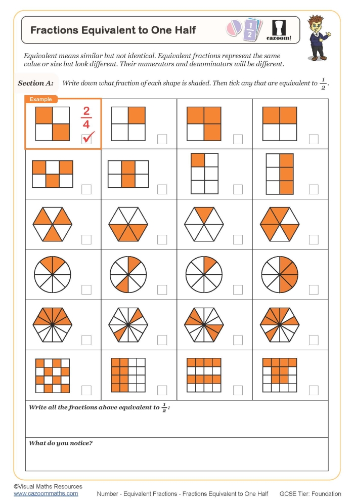 Worksheet featuring the concept of one-half for first graders learning fractions