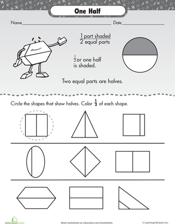 Worksheet featuring "Fraction Frenzy: One Half" for first graders learning geometry