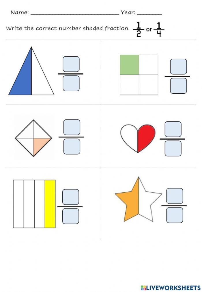 Worksheet for teaching first graders about one-half fractions