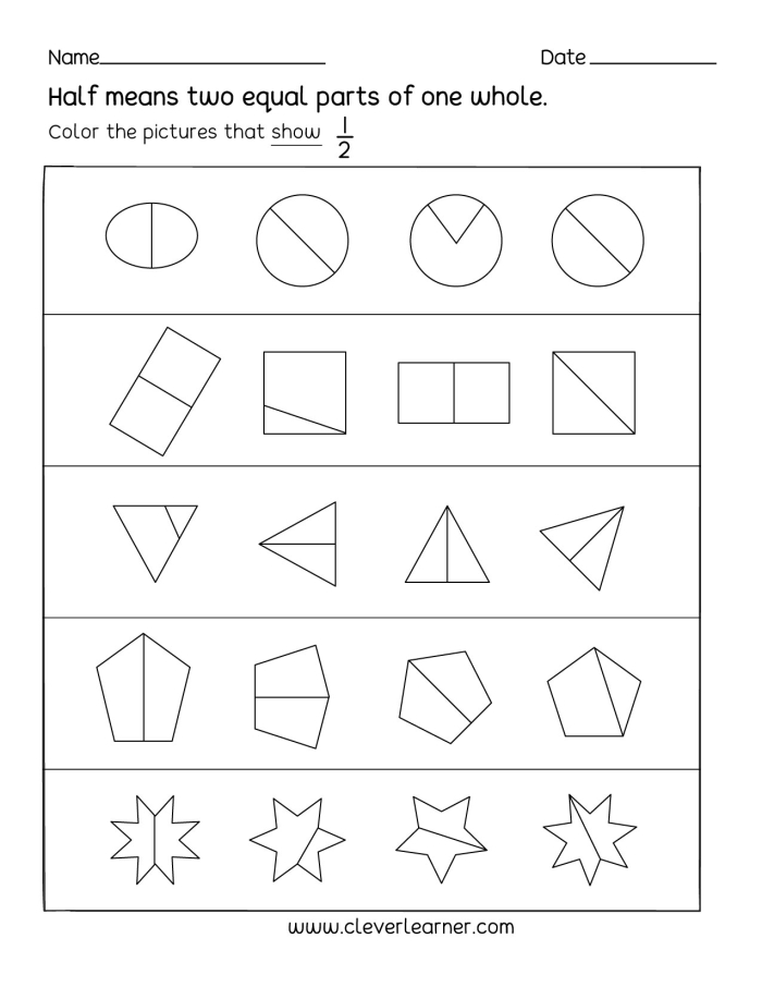 Worksheet featuring the concept of one-half for first graders to learn about fractions