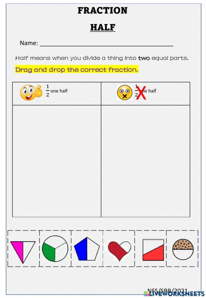 Worksheet illustrating the concept of one-half for first graders learning about fractions