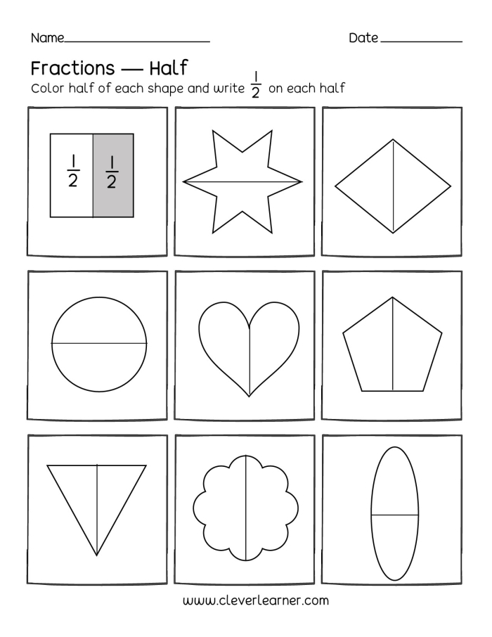 Worksheet illustrating the concept of one-half for first graders in a fun and engaging way