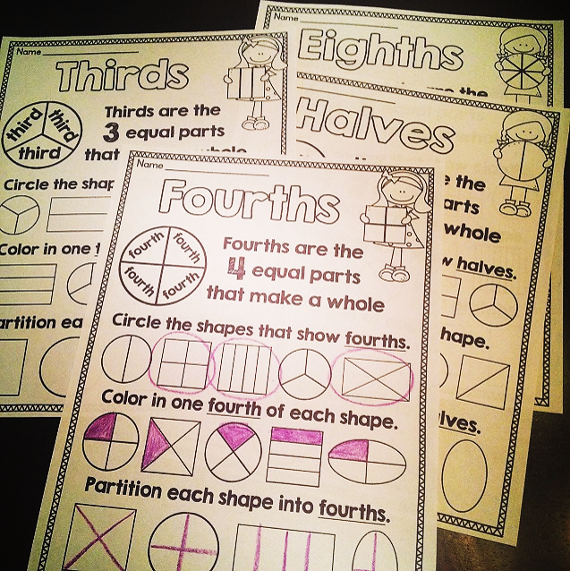 Second grade worksheet showing circles divided into halves, thirds, and fourths with shaded sections to identify fractions