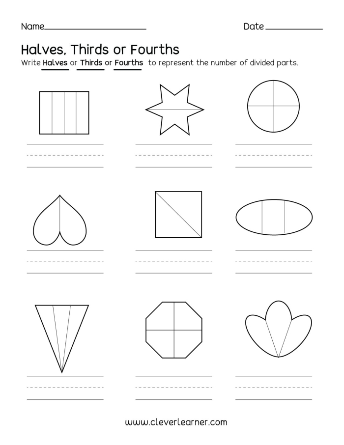 Second grade worksheet with circles divided into halves, thirds, and fourths for identifying shaded fractions