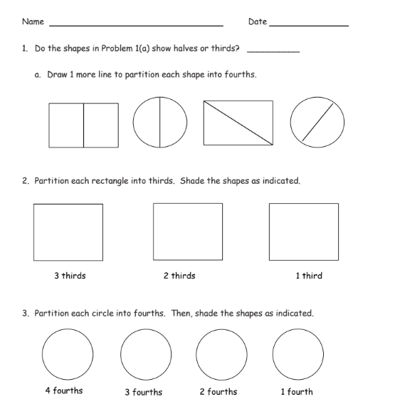 Second grade worksheet showing circles divided into halves, thirds, and fourths with shaded sections to identify fractions