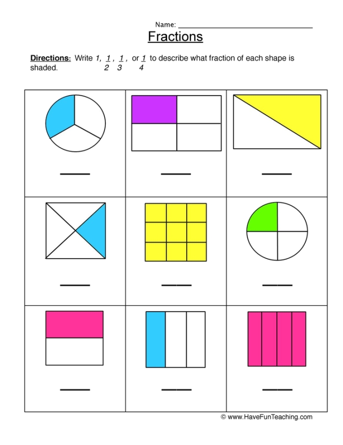 Second grade worksheet showing circles divided into halves, thirds, and fourths with shaded sections to identify fractions