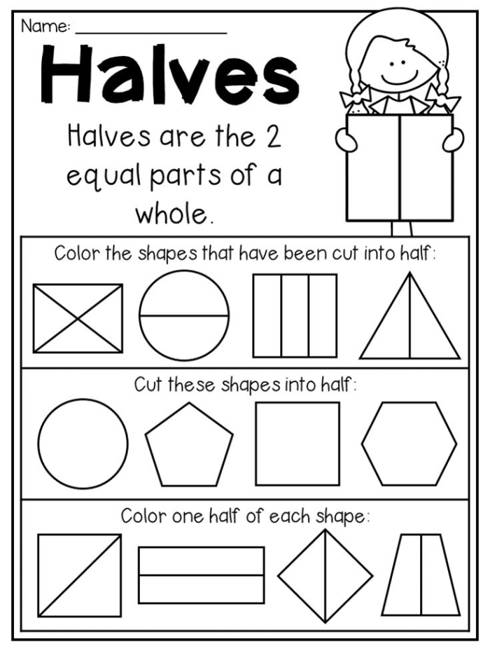 Second grade worksheet showing circles divided into halves, thirds, and fourths with shaded sections to identify fractions