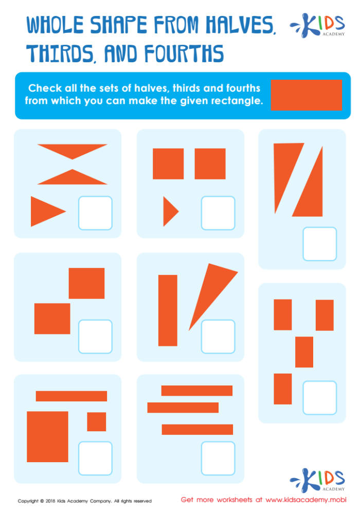 Second grade worksheet showing circles divided into halves, thirds, and fourths with shaded fractions for students to identify