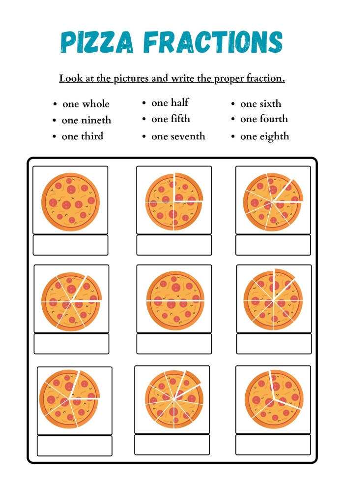 Fraction Math: Pizza Time! worksheet for grade 2 students. Interactive worksheet for second graders to learn fractions by completing pizza orders.