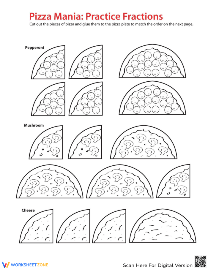 Fraction Math: Pizza Time! Worksheet for Second Grade Students Colorful worksheet for second graders to learn fractions through pizza orders