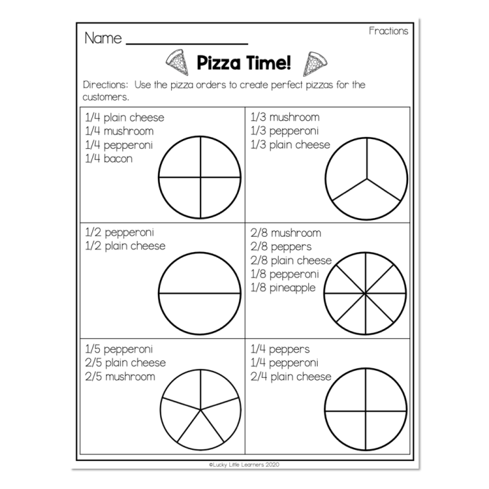 Image title: Fraction Math: Pizza Time! worksheet for second graders. ALT text: Second grade students practicing fractions with a pizza-themed math worksheet.