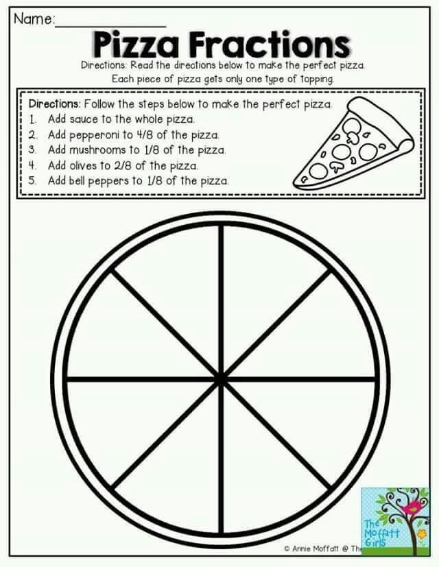 Fraction Math: Pizza Time! Worksheet for Second Grade Colorful worksheet featuring pizza slices to teach second graders about fractions