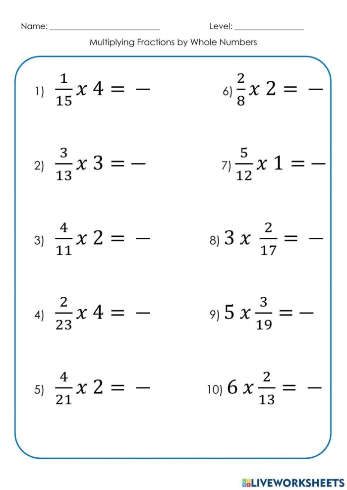 Fifth grade worksheet showing multiplication of fractions to find part of a whole number