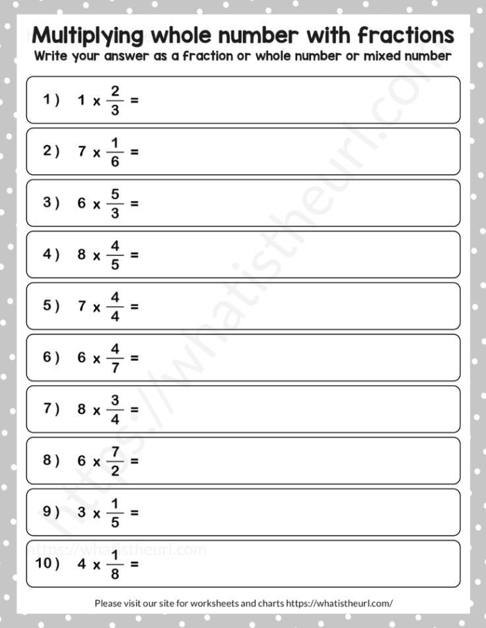 Fifth grade worksheet showing how to multiply fractions to find part of a whole number