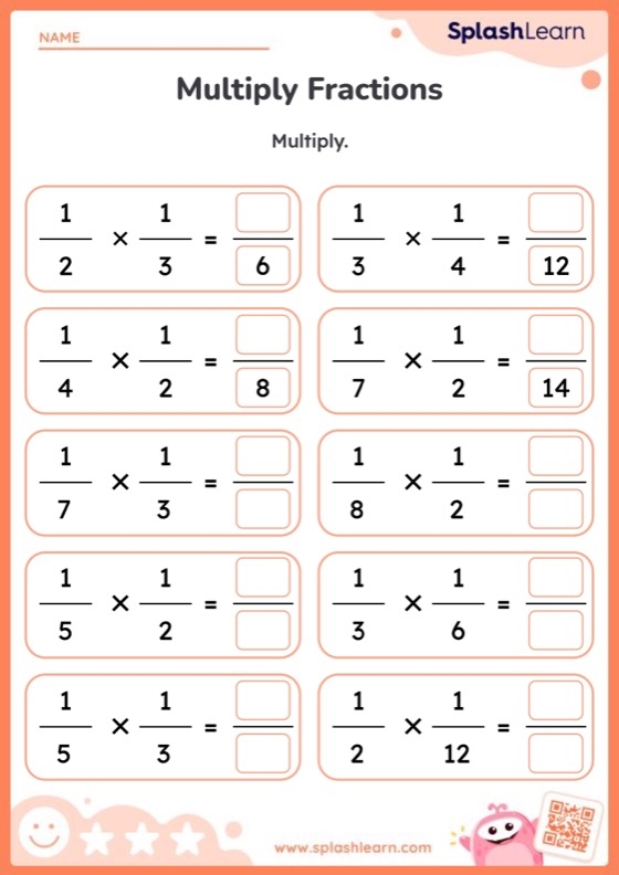 Fifth grade worksheet showing how to multiply fractions to find a part of a whole number