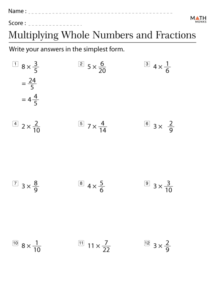 Fifth grade worksheet showing how to multiply fractions to find parts of a whole number