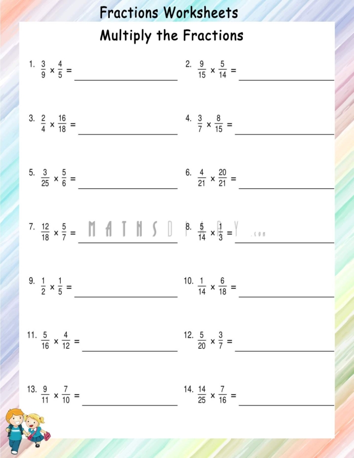 Fifth grade math worksheet showing multiplication of fractions to find part of a whole