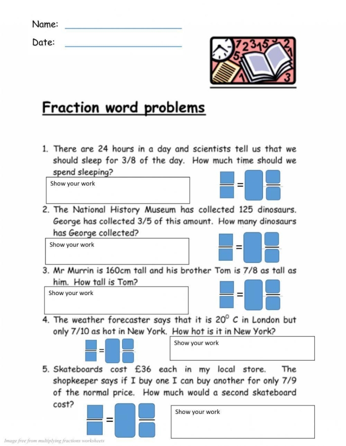 Fifth grade worksheet showing multiplication of fractions to find a part of a whole number